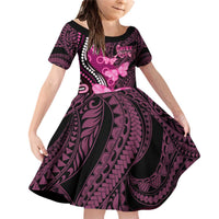 Think Pink Breast Cancer Awareness Family Matching Off Shoulder Short Dress and Hawaiian Shirt Butterfly Aboriginal Mix Polynesian Pattern LT14 Daughter's Dress Pink - Polynesian Pride