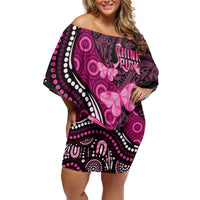 Think Pink Breast Cancer Awareness Family Matching Off Shoulder Short Dress and Hawaiian Shirt Butterfly Aboriginal Mix Polynesian Pattern LT14 Mom's Dress Pink - Polynesian Pride