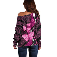 Think Pink Breast Cancer Awareness Off Shoulder Sweater Butterfly Aboriginal Mix Polynesian Pattern