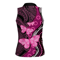 Think Pink Breast Cancer Awareness Women Sleeveless Polo Shirt Butterfly Aboriginal Mix Polynesian Pattern