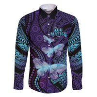 You Matter Suicide Prevention Awareness Family Matching Off Shoulder Maxi Dress and Hawaiian Shirt Butterfly Aboriginal Mix Polynesian Pattern LT14 Dad's Shirt - Long Sleeve Purple - Polynesian Pride