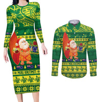 Cook Islands Christmas Couples Matching Long Sleeve Bodycon Dress and Long Sleeve Button Shirt Surfing Santa Mere Kiritimiti - Polynesian Pride