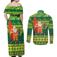 Cook Islands Christmas Couples Matching Off Shoulder Maxi Dress and Long Sleeve Button Shirt Surfing Santa Mere Kiritimiti - Polynesian Pride
