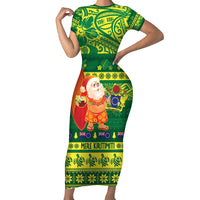 Cook Islands Christmas Short Sleeve Bodycon Dress Surfing Santa Mere Kiritimiti - Polynesian Pride