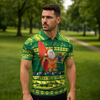 Cook Islands Christmas Zipper Polo Shirt Surfing Santa Mere Kiritimiti - Polynesian Pride