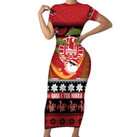 French Polynesia Christmas Short Sleeve Bodycon Dress Tiare Chilling Santa Oaoa I teie Noera LT14 Long Dress Red - Polynesian Pride