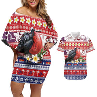 Kiribati Christmas Couples Matching Off Shoulder Short Dress and Hawaiian Shirt Frigatebird Santa Tekeraoi n te Kiritimati - Polynesian Pride