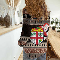 Fiji Christmas Women Casual Shirt Fijian Masi Marau na Kerisimasi! - Brown