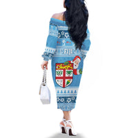 Fiji Christmas Family Matching Off The Shoulder Long Sleeve Dress and Hawaiian Shirt Fijian Masi Marau na Kerisimasi! - Blue