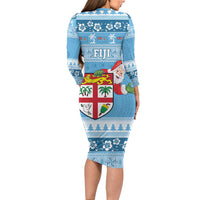 Fiji Christmas Long Sleeve Bodycon Dress Fijian Masi Marau na Kerisimasi! - Blue