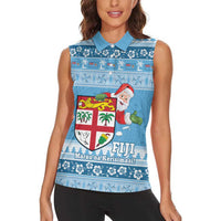Fiji Christmas Women Sleeveless Polo Shirt Fijian Masi Marau na Kerisimasi! - Blue