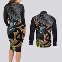 Aotearoa Kowhai Tui Bird Couples Matching Long Sleeve Bodycon Dress and Long Sleeve Button Shirt Maori Ngaru With Silver Fern