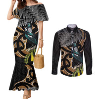 Aotearoa Kowhai Tui Bird Couples Matching Mermaid Dress and Long Sleeve Button Shirt Maori Ngaru With Silver Fern