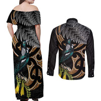 Aotearoa Kowhai Tui Bird Couples Matching Off Shoulder Maxi Dress and Long Sleeve Button Shirt Maori Ngaru With Silver Fern