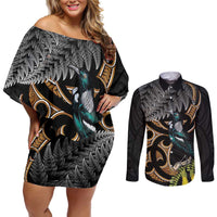 Aotearoa Kowhai Tui Bird Couples Matching Off Shoulder Short Dress and Long Sleeve Button Shirt Maori Ngaru With Silver Fern