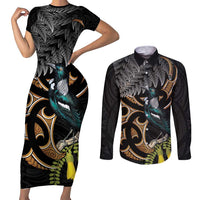 Aotearoa Kowhai Tui Bird Couples Matching Short Sleeve Bodycon Dress and Long Sleeve Button Shirt Maori Ngaru With Silver Fern