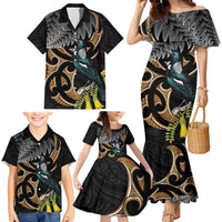 Aotearoa Kowhai Tui Bird Family Matching Mermaid Dress and Hawaiian Shirt Maori Ngaru With Silver Fern
