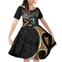 Aotearoa Kowhai Tui Bird Family Matching Off Shoulder Short Dress and Hawaiian Shirt Maori Ngaru With Silver Fern