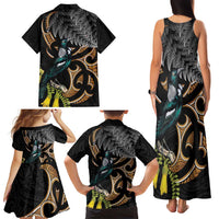 Aotearoa Kowhai Tui Bird Family Matching Tank Maxi Dress and Hawaiian Shirt Maori Ngaru With Silver Fern