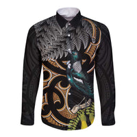 Aotearoa Kowhai Tui Bird Long Sleeve Button Shirt Maori Ngaru With Silver Fern LT14 Unisex Black - Polynesian Pride