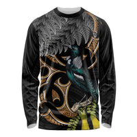 Aotearoa Kowhai Tui Bird Long Sleeve Shirt Maori Ngaru With Silver Fern LT14 Unisex Black - Polynesian Pride