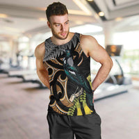 Aotearoa Kowhai Tui Bird Men Tank Top Maori Ngaru With Silver Fern LT14 Black - Polynesian Pride