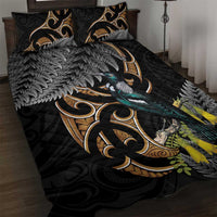 Aotearoa Kowhai Tui Bird Quilt Bed Set Maori Ngaru With Silver Fern LT14 Black - Polynesian Pride
