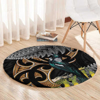 Aotearoa Kowhai Tui Bird Round Carpet Maori Ngaru With Silver Fern