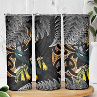 Aotearoa Kowhai Tui Bird Skinny Tumbler Maori Ngaru With Silver Fern