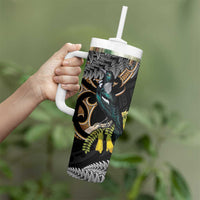 Aotearoa Kowhai Tui Bird Tumbler With Handle Maori Ngaru With Silver Fern LT14 - Polynesian Pride
