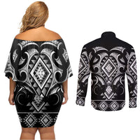 Black Ngaru Taniko With Aotearoa Maori Tattoo Couples Matching Off Shoulder Short Dress and Long Sleeve Button Shirt