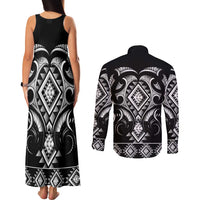 Black Ngaru Taniko With Aotearoa Maori Tattoo Couples Matching Tank Maxi Dress and Long Sleeve Button Shirt