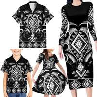 Black Ngaru Taniko With Aotearoa Maori Tattoo Family Matching Long Sleeve Bodycon Dress and Hawaiian Shirt