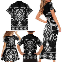 Black Ngaru Taniko With Aotearoa Maori Tattoo Family Matching Short Sleeve Bodycon Dress and Hawaiian Shirt