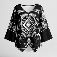 Black Ngaru Taniko With Aotearoa Maori Tattoo Kimono Sleeve Blouse - Polynesian Pride