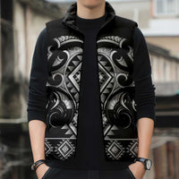 Black Ngaru Taniko With Aotearoa Maori Tattoo Sleeveless Puffer Jacket - Polynesian Pride