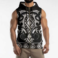 Black Ngaru Taniko With Aotearoa Maori Tattoo Sleeveless Zip Hoodie - Polynesian Pride