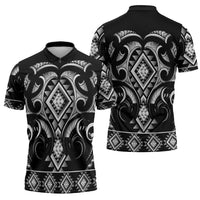 Black Ngaru Taniko With Aotearoa Maori Tattoo Zipper Polo Shirt - Polynesian Pride