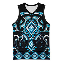Blue Ngaru Taniko With Aotearoa Maori Tattoo Basketball Jersey - Polynesian Pride