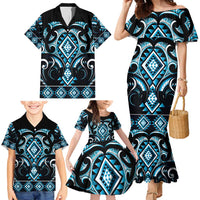 Blue Ngaru Taniko With Aotearoa Maori Tattoo Family Matching Mermaid Dress and Hawaiian Shirt