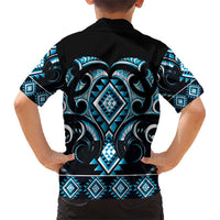 Blue Ngaru Taniko With Aotearoa Maori Tattoo Family Matching Short Sleeve Bodycon Dress and Hawaiian Shirt