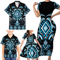 Blue Ngaru Taniko With Aotearoa Maori Tattoo Family Matching Short Sleeve Bodycon Dress and Hawaiian Shirt