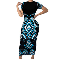 Blue Ngaru Taniko With Aotearoa Maori Tattoo Family Matching Short Sleeve Bodycon Dress and Hawaiian Shirt