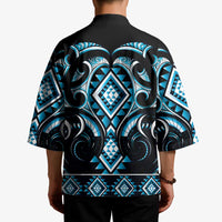 Blue Ngaru Taniko With Aotearoa Maori Tattoo Kimono - Polynesian Pride