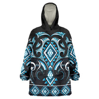 Blue Ngaru Taniko With Aotearoa Maori Tattoo Wearable Blanket Hoodie LT14 One Size Blue - Polynesian Pride
