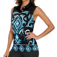 Blue Ngaru Taniko With Aotearoa Maori Tattoo Women Sleeveless Polo Shirt