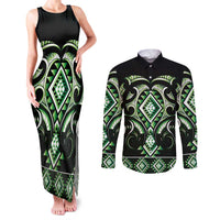 Green Ngaru Taniko With Aotearoa Maori Tattoo Couples Matching Tank Maxi Dress and Long Sleeve Button Shirt