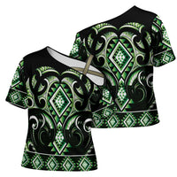 Green Ngaru Taniko With Aotearoa Maori Tattoo Cross Shoulder Shirt - Polynesian Pride