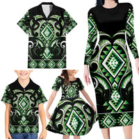 Green Ngaru Taniko With Aotearoa Maori Tattoo Family Matching Long Sleeve Bodycon Dress and Hawaiian Shirt