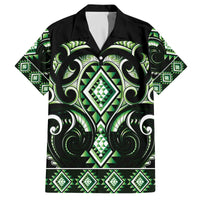 Green Ngaru Taniko With Aotearoa Maori Tattoo Family Matching Off The Shoulder Long Sleeve Dress and Hawaiian Shirt